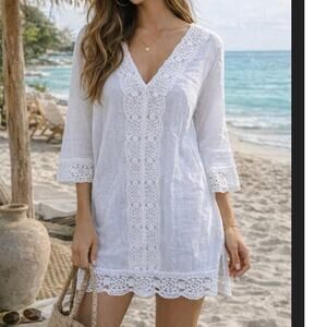 Isaac Mizrahi White Lace Tunic Dress Large Boho Cover Up Cotton Beach